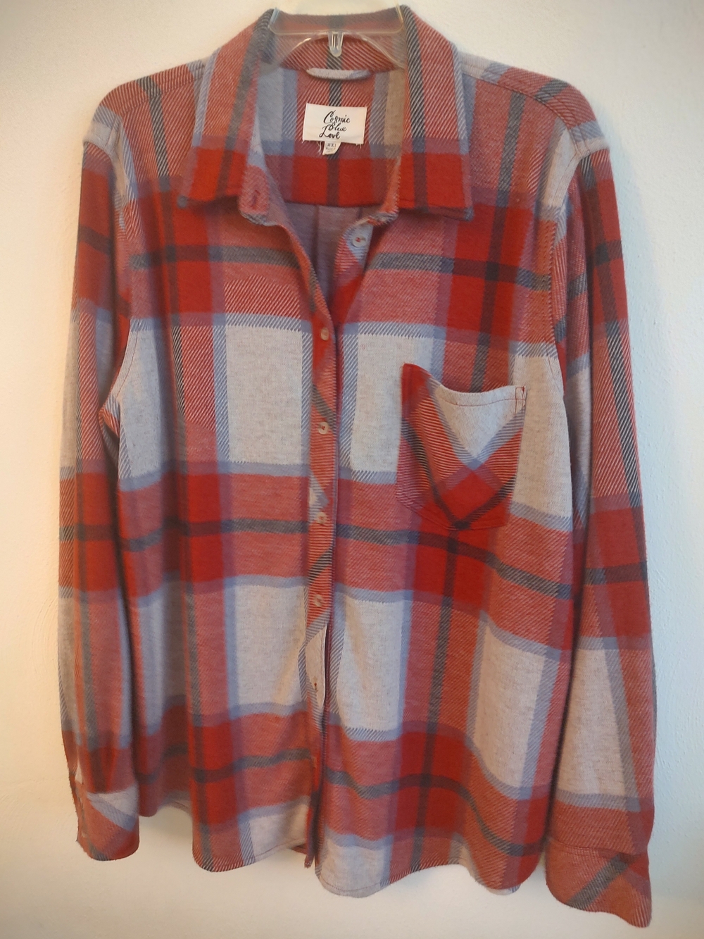 Cosmic Blue Love Plaid Knit Side Panel Button Down Shirt
